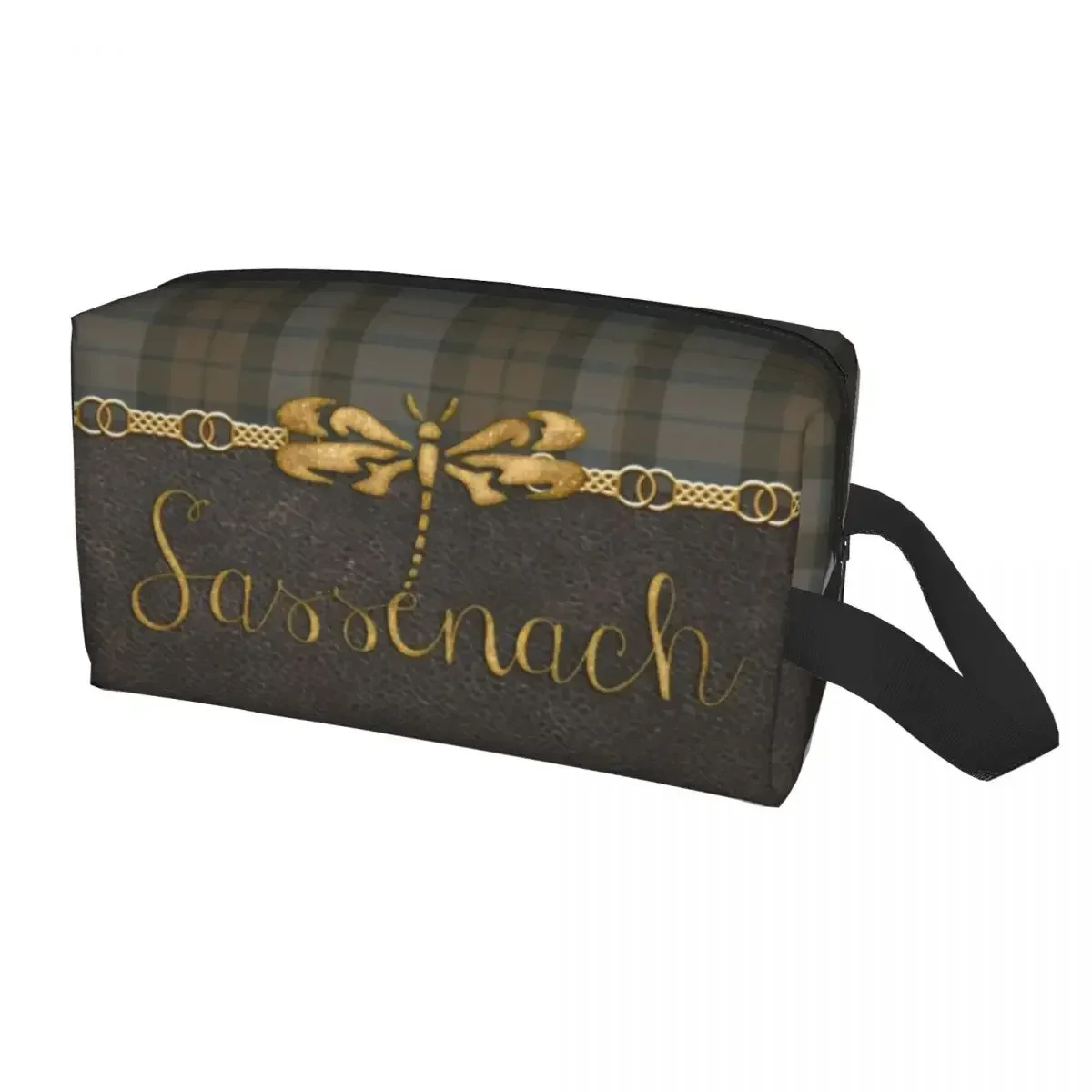 

Leather And Tartan Sassenach Dragonfly Pattern Toiletry Bag for Modern Plaid Check Texture Makeup Cosmetic Ladies Dopp Kit Box