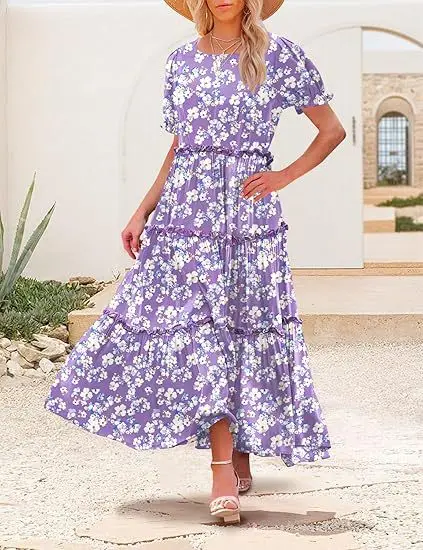 Women Fashion 2025 Summer O-Neck Splicing Party Long Dress Casual Print A-Line Boho Dress Elegant Vintage Maxi Dresses Vestido