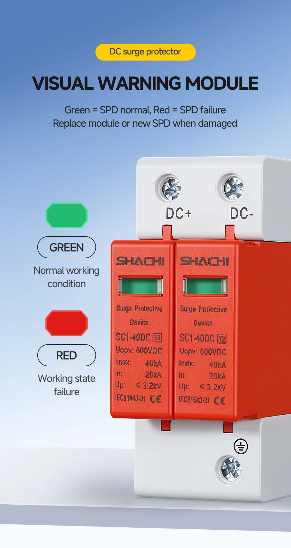 2P DC Überspannungsschutzgerät 20KA 40KA Solar-PV-Photovoltaik-Blitzableiter 500V 600V 800V 1000V Spannungsschutz – Detail 9