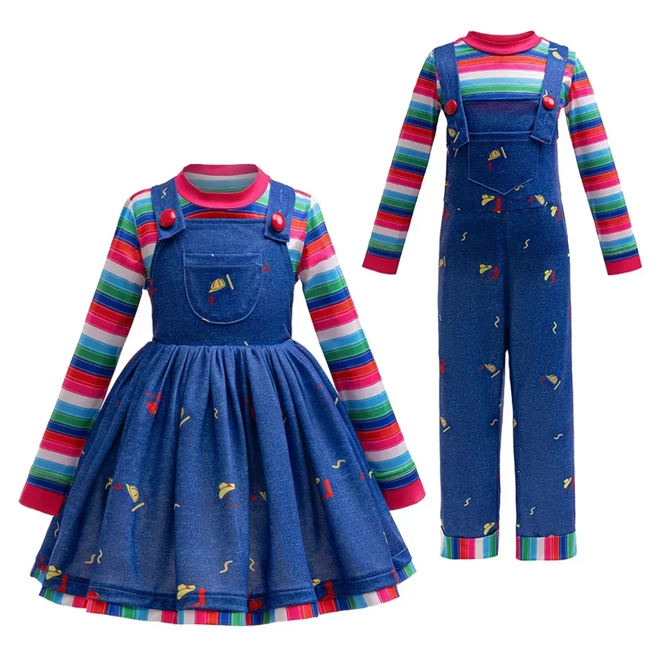 Movie Chucky Doll Cosplay Costume For Kids Striped Top+Print Suspender Dress For Little Girls Horror Halloween Carnival Dress Up