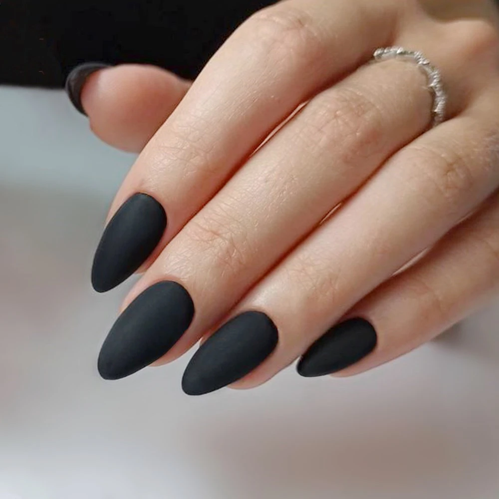 Matte Black Press On Nails Tips With Glue Artificial Short Fake Nails Coffin Shape DIY Finger Tips Manicure Tool