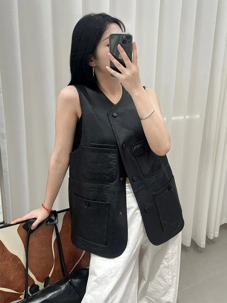 2025 Gilet da donna in pelle di agnello naturale Giacca da donna in vera pelle di pecora genuina girocollo Slim Fit Streetwear