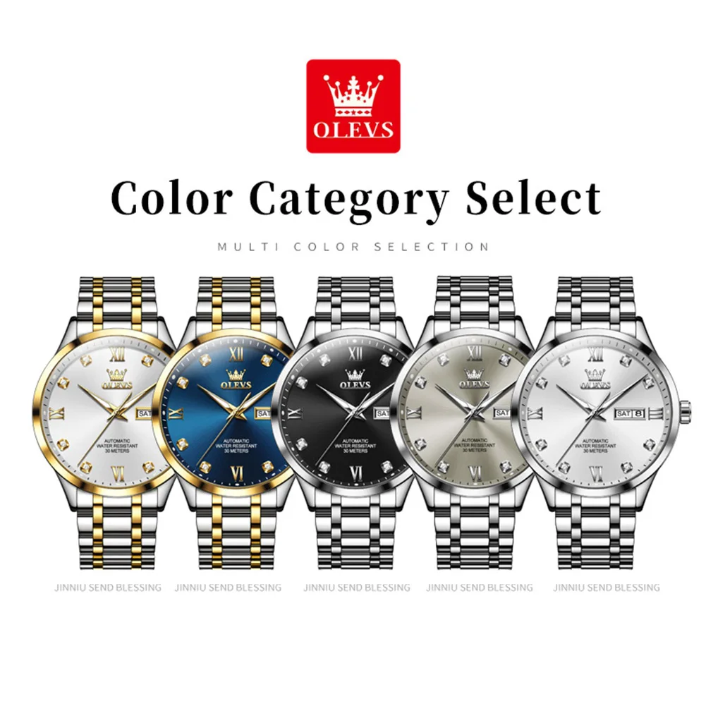 OLEVS9946 Mens Watch Original Automatic Mechanical Watch For Man Waterproof Luminous Stainless Steel Reloj Dual Calendar Display