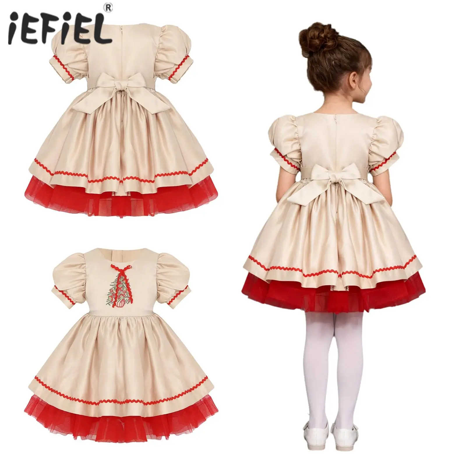 

Kids Girls Christmas Dress Embroidery Pattern Puffy Sleeve Xmas Tutu Dress Perfect for Christmas New Year Party Pageant and Show