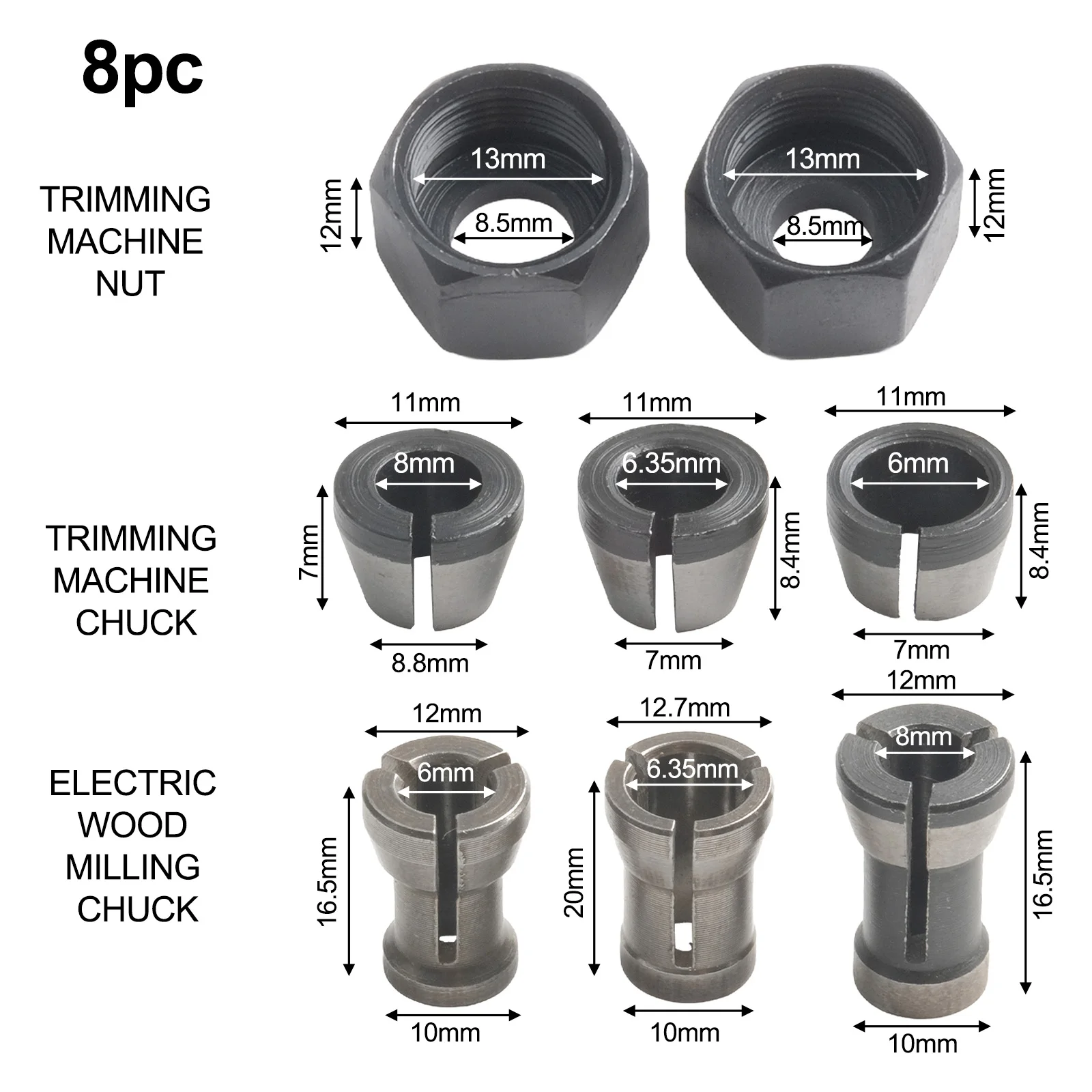 8pcs 6mm 6.35mm 8mm Collet Chuck For Engraving Trimming Machine Electric Router Grinder Trimming Clamping Collet Chuck Part