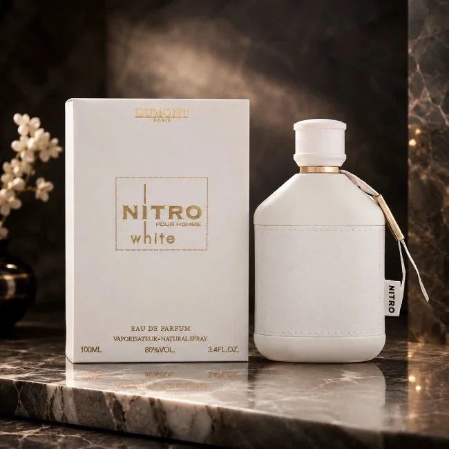 Perfume Dumont Nitro White Pour Homme EDP para Hombre 100ml 3.4oz, Fragancia Amaderada con Notas de Juniper, Iris, Cuero y Miel, Botella Blanca Mate, Caja de Regalo de Lujo para Oficina, Citas y Uso Diario