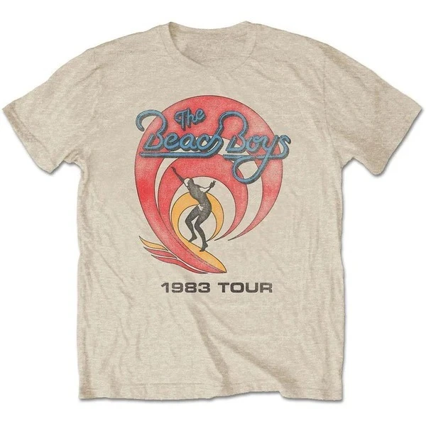Camiseta de algodón con gráfico vintage de la gira de The Beach Boys de 1983, estilo surf rock unisex, desgastada, color avena, manga corta