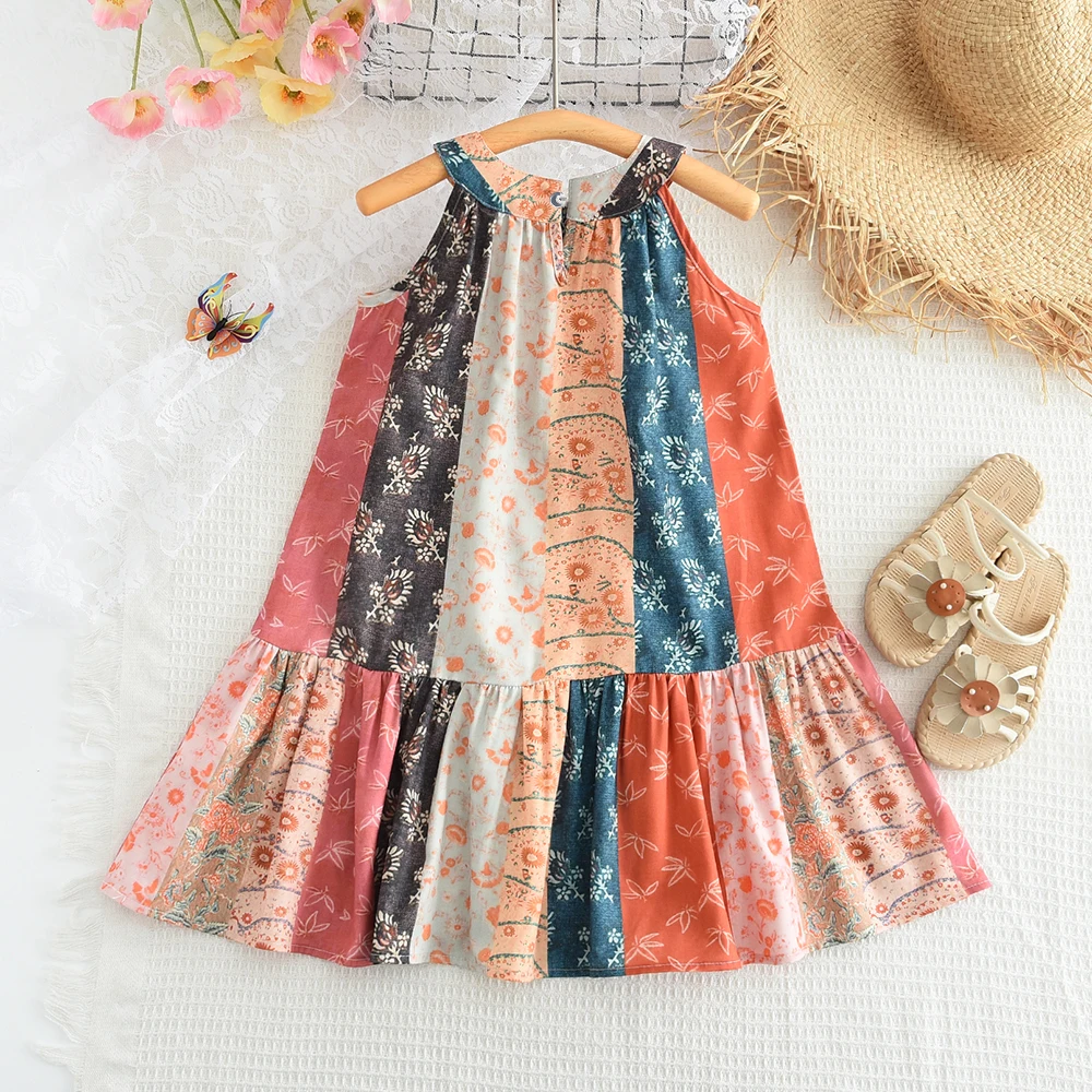 Bear Leader Ethnic Style Fragmented Flower Splicing Sling Dress Summer Ootd for Kids Girl Sleeveless Neck Hanging Dressess