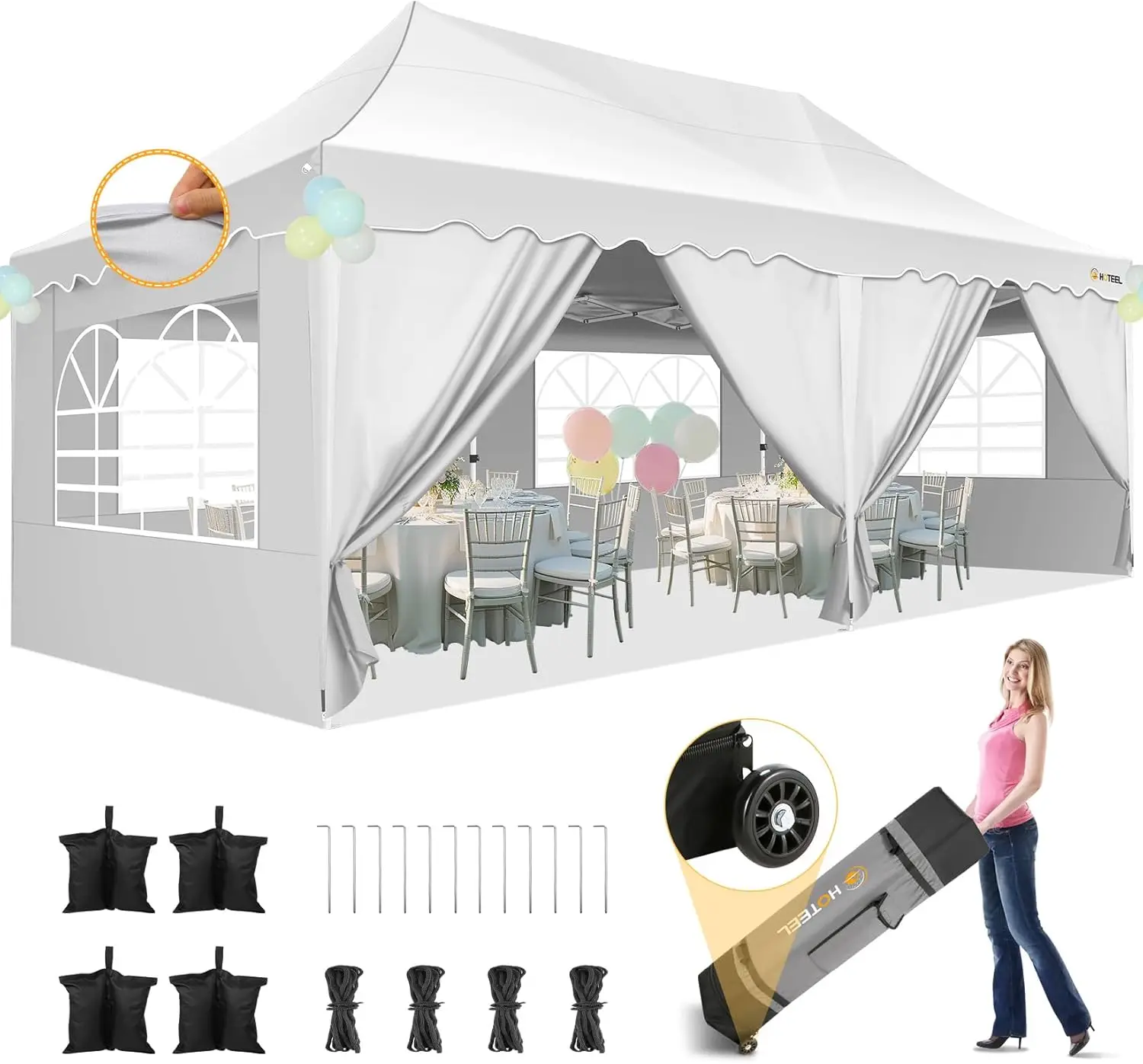 HOTEEL 10×20 Pop Up Canopy with 6 Sidewalls, UV 51+ and Waterproof Canopy Tent, Thickened Frame, Large Space Easy Pop Up Canopy,