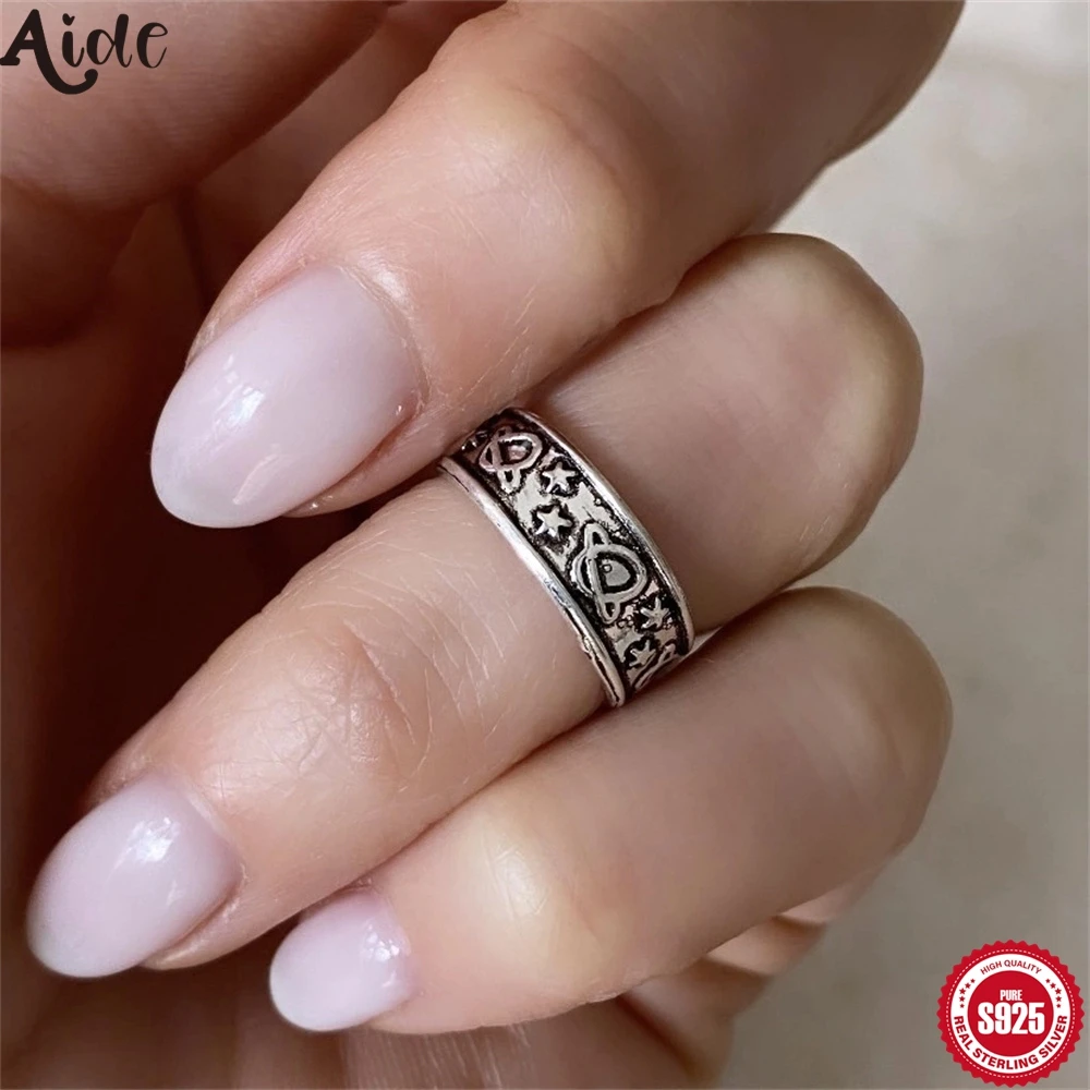 Aide Retro Black Punk Gothic Open Ring For Men 925 Sterling Silver Handmade Unisex Designer Jewel Accessories Anime Lovers Gift