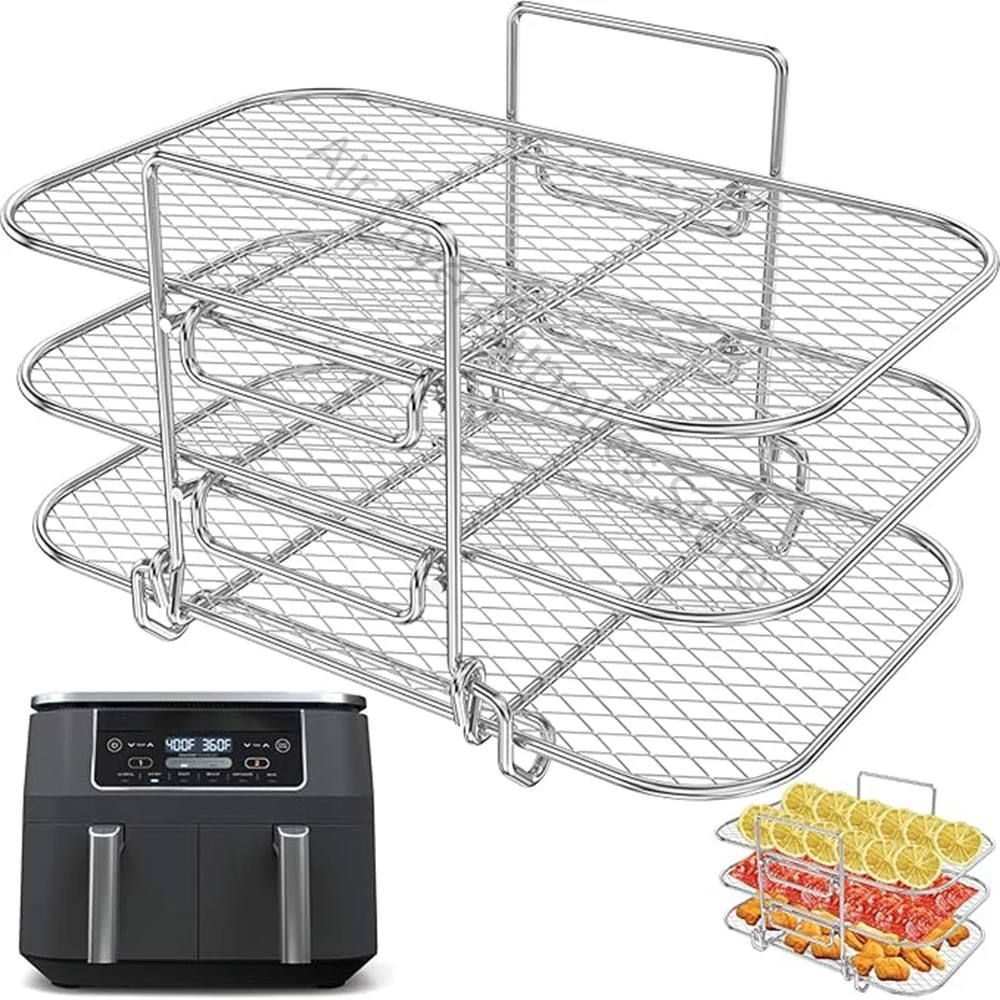 3-Layer Air Fryer Rack Stainless Steel BBQ Grilling Rack Stackable Steamer Racks For Ninja Double Basket Air Fryer Baking Tools