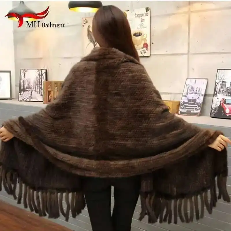 Women Natural Mink Fur Scarf Fashion Long Poncho Female Winter Brown Knit Real Fur Scarves Wraps Luxury Large Shawl Ladies