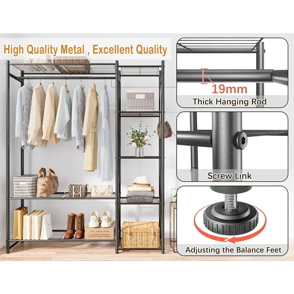 Portable Clothes Rack with 4 Shelves & Hanging Rod, Steel Wardrobe Organizer for Bedroom, Closet, Entryway, Black view 4