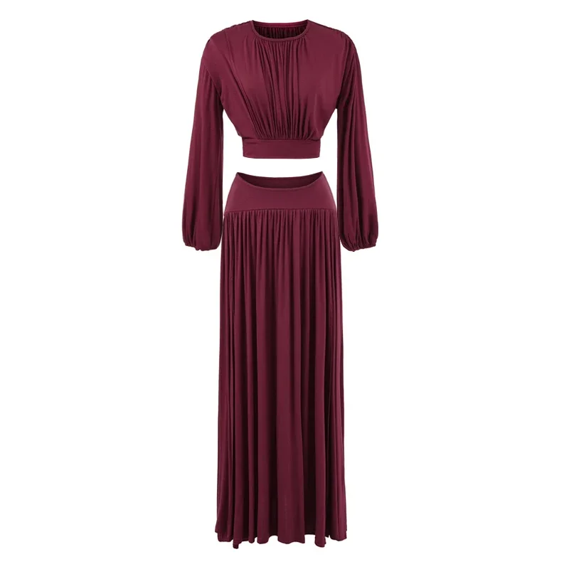 2 pieces 1 Set 2025 Women O neck Knit Cotton Long Bat Sleeve T-shirt High Waist Pleated Ruched Swing Slit Skirt