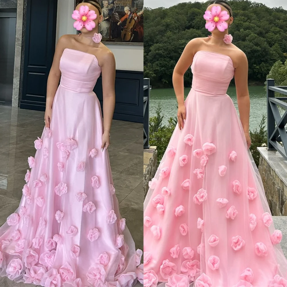 

Customized Luxury Pink Satin Evening Dresses Fashion Strapless Sleeveless Celebrity Gowns Sparkly Special Occasion Gowns