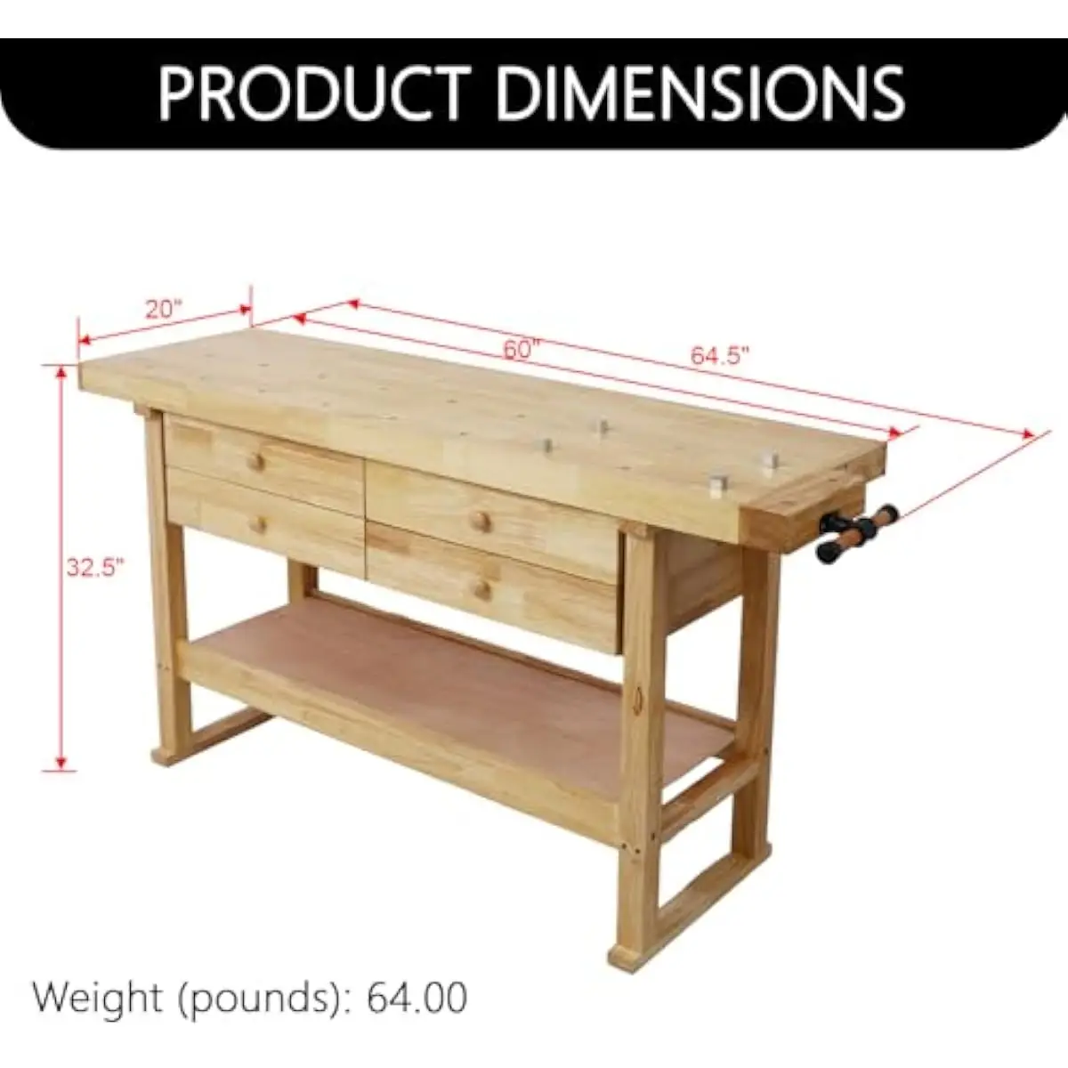 60 Inch Heavy-Duty Rubberwood Workbench with 4 Smooth-Drawers and Integrated Tool Rack — Reinforced H-Frame, 32.5 Inch Height, 3
