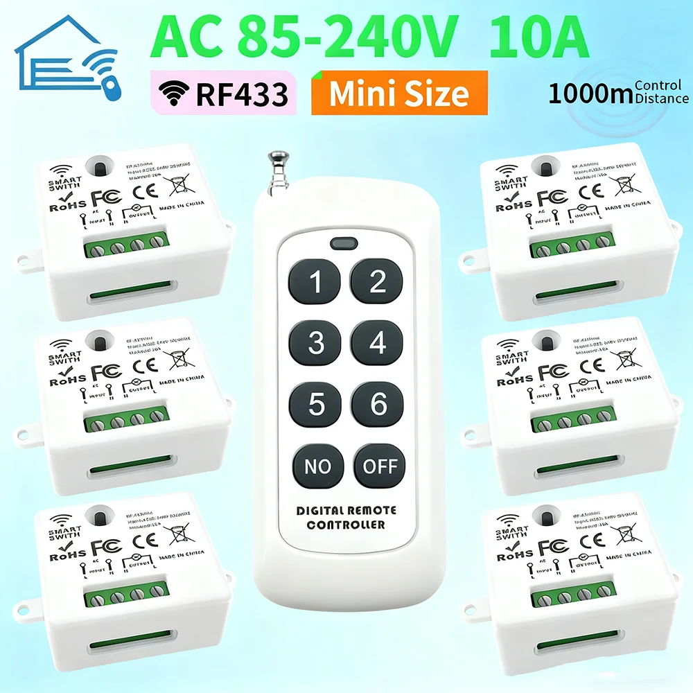 สวิตช์รีโมทไร้สายอเนกประสงค์สำหรับบ้านอัจฉริยะ 433Mhz 110V 220V 10A รีเลย์ขนาดเล็ก รีโมทคอนโทรลสำหรับไฟ LED ในบ้าน