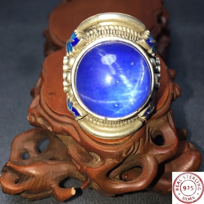 

Handcrafted Old Silver Open Ring, Retro Blue Star Gem Inlay, Vintage Stylish Finger Accessories, Unisex Daily Jewelry