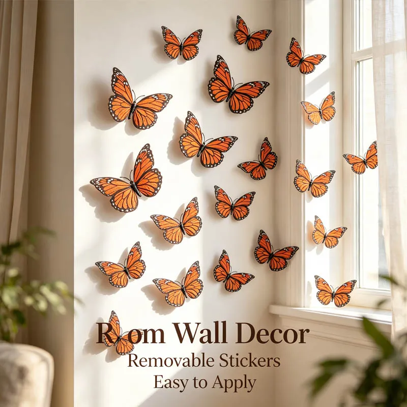 Orange Monarch Butterfly Decorations 3D Fake Butterflies PVC Realistic Wall Stickers for Day of Dead Halloween Fall Theme