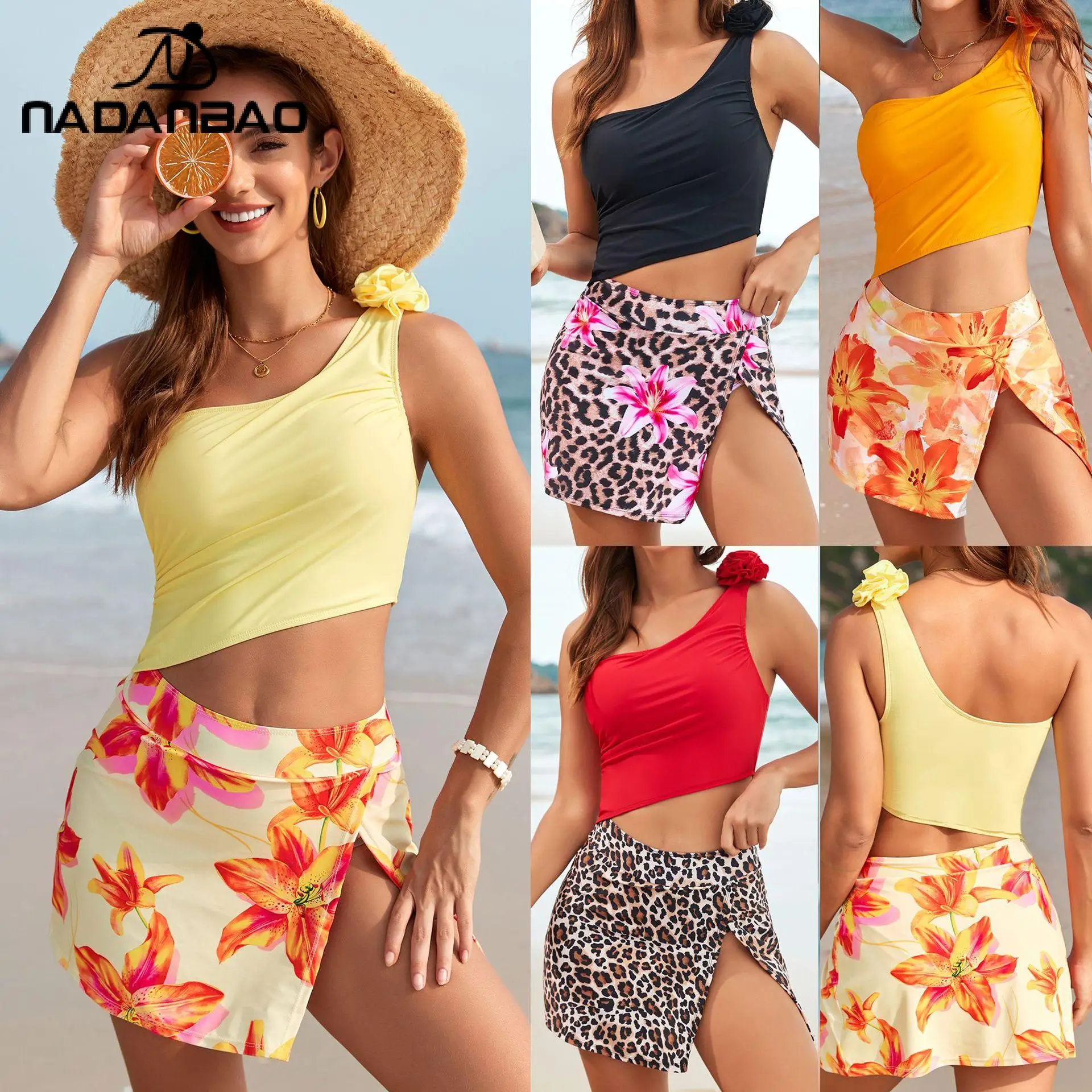 

Nadanabo 3D Flower Leopard Print Bikini Multi-Color Skirt One-Piece Swimsuit One-Shoulder Swim Suit for Women Beach Bathing Set