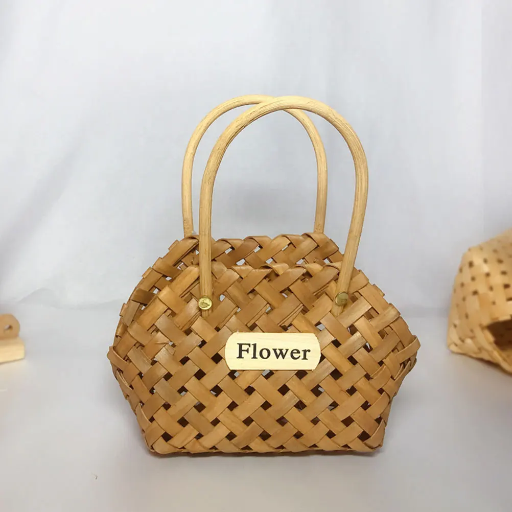 

Handwoven Flower Basket Wooden Storage Portable Handbag Wedding Decor Practical Long Lasting Double Handles Design Home