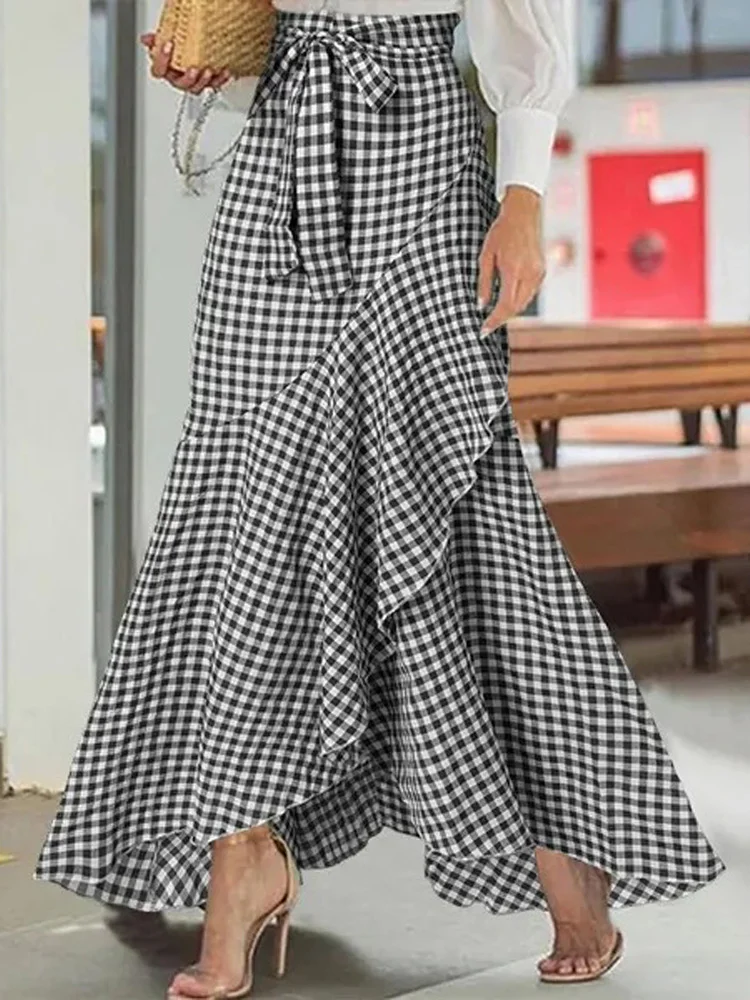 Vintage Plaid Mermaid Maxi Skirt 2026 Summer Fashion High Waist Tie Bow Ruffled Layered Asymmetrical Flowy Long Skirts for Women