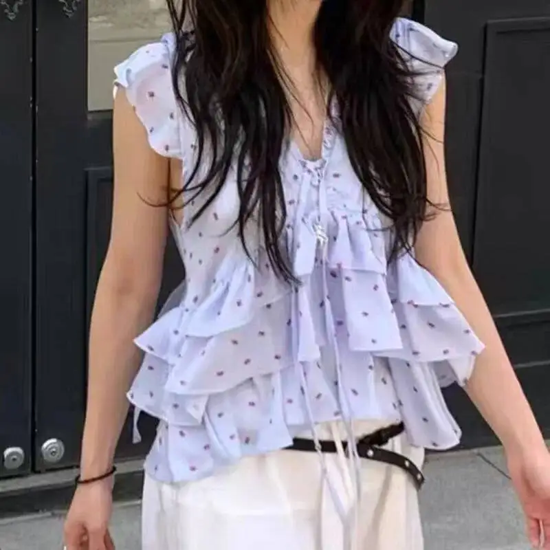 Folded Floral Ribbon Ruffled Shirt Vest Women Deep V Back Sweet Sexy Temperament Elegant Summer Loose And Comfortable Casual Top