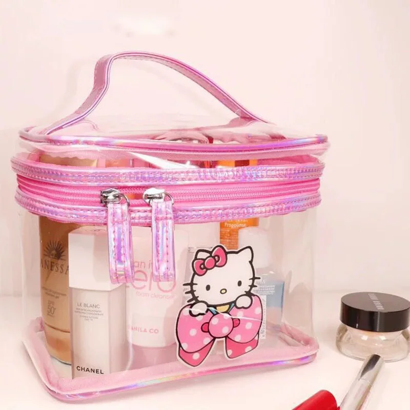 Kawaii Sanrio Hello Kitty borsa per il trucco PVC trasparente Cute Strawberry Bow Cartoon Print Portable Large Capacity Washbag Girl Gift