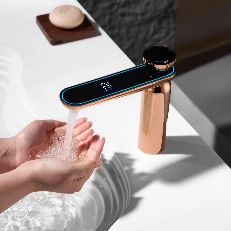 

Rose Gold Digital Display Bathroom Faucet Rose Gold Brass Washbasin Tap Hot Cold Wate Mount Mixer Bathroom Sink Tap