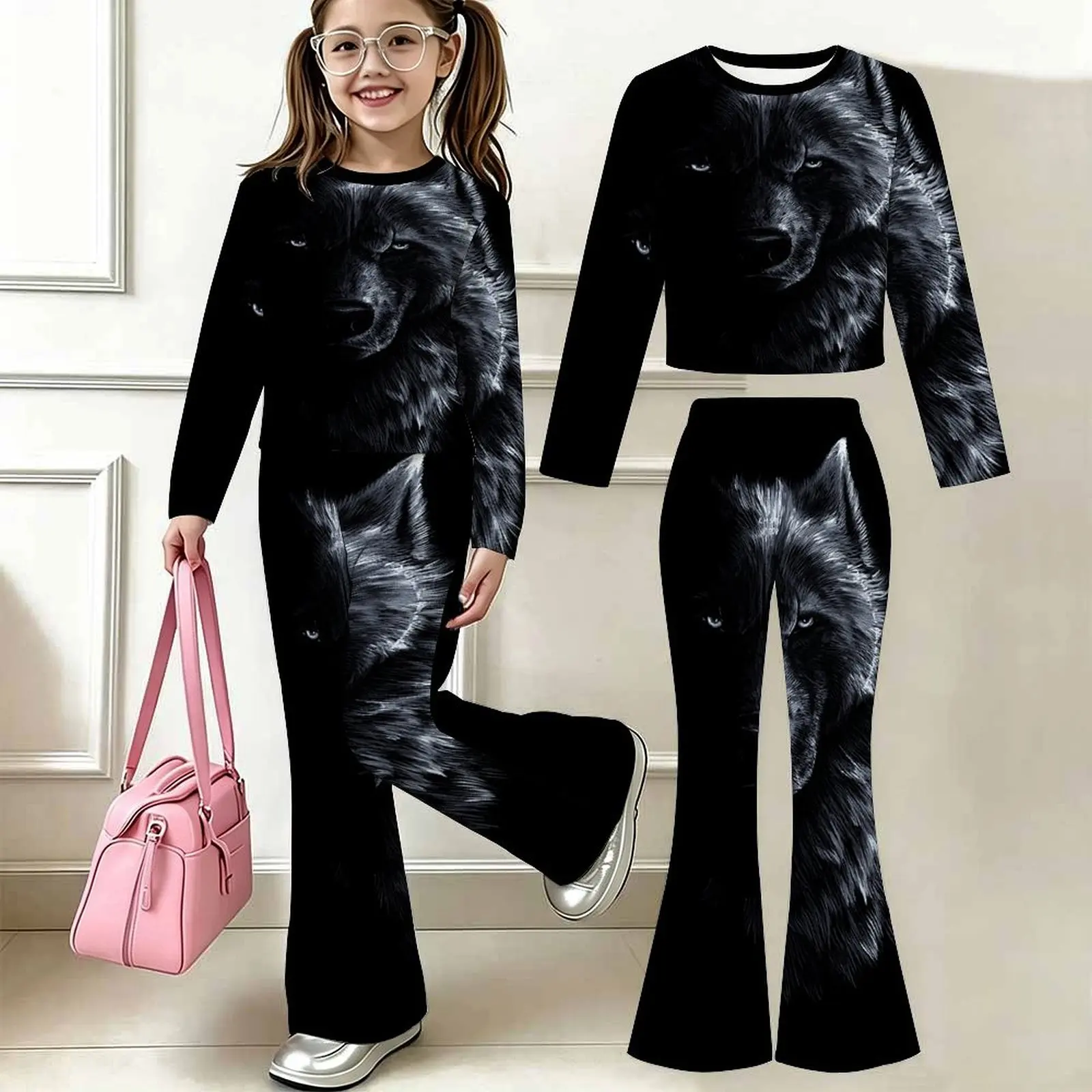 Slim Two-piece Set Fashion Bell-bottomed Pants Children's Casual Pants Autumn Winter Girls' Trendy T-shirt Jogging Pants