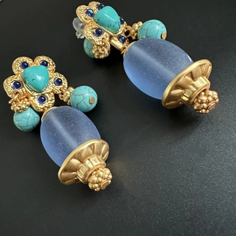 Medieval Vintage Heavy Industry Design Lake Blue Matte Texture Turquoise Flower Sweep Shoulder Stud Earrings Women