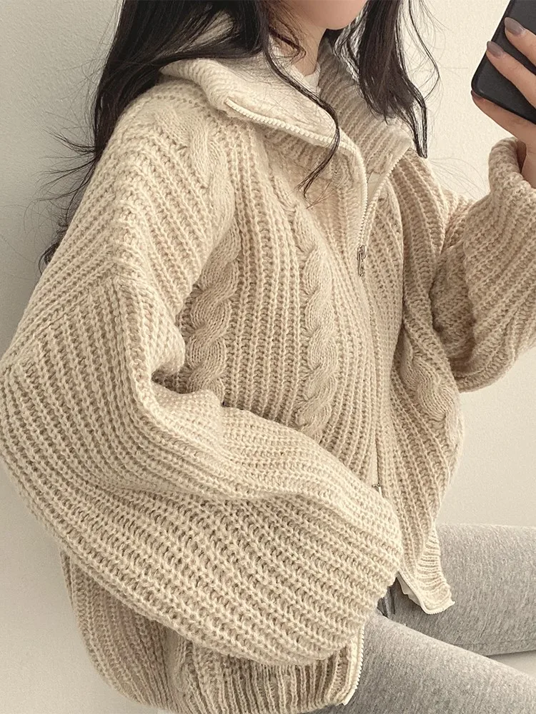 Autumn Winter Knitted Sweater Cardigan Women Korea Lazy Oaf Loose Double Head Zipper Wool Neck  Long Sleeve Ladies Coat Tops