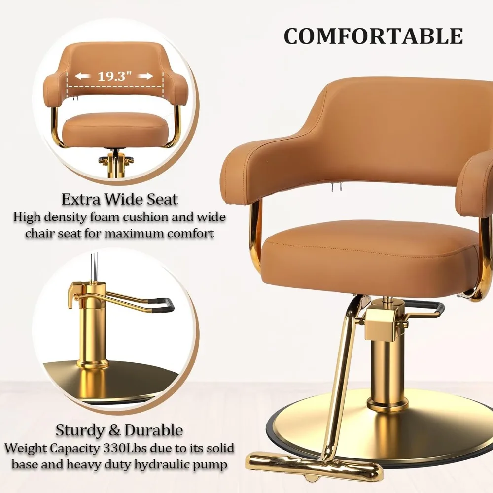 كراسي حلاقة OmySalon لكرسي تصفيف الشعر باللونين البني والذهبي، كرسي صالون لمصفف الشعر مضخة هيدروليكية شديدة التحمل، 360 درجة ° #4