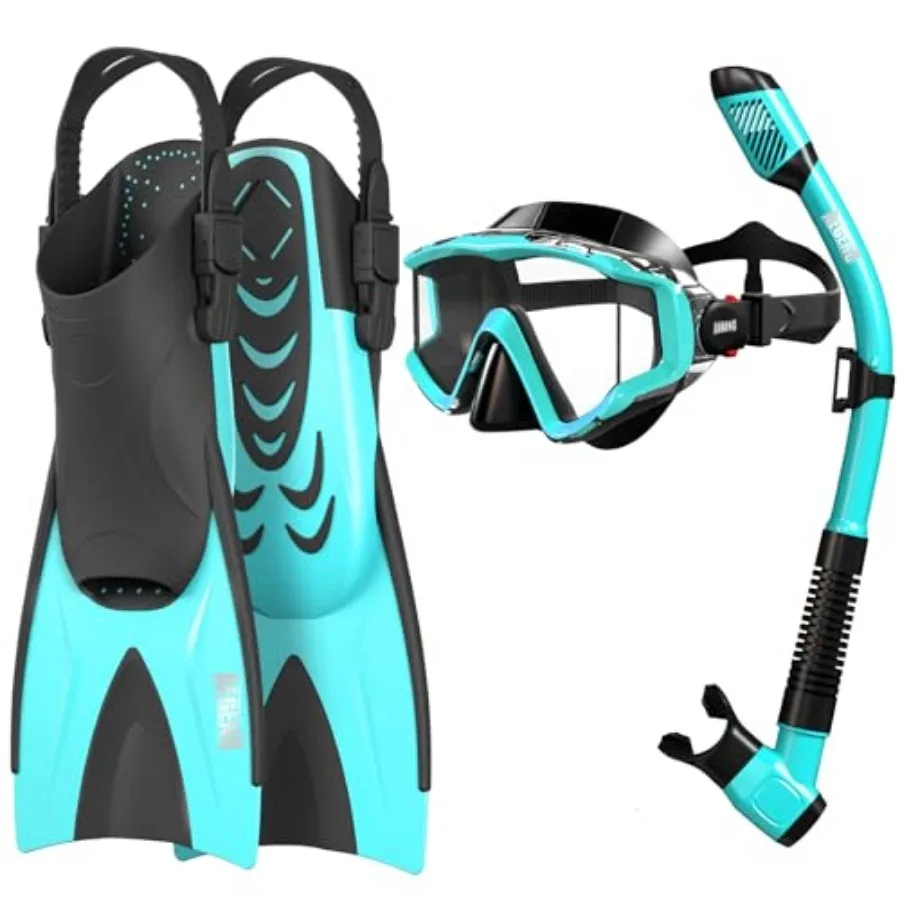 

Snorkeling Gear for Adults Men Women: Anti-Fog Panoramic Mask Set, Adjustable Fins and Dry Top Snorkel All-in-One Travel Snorke