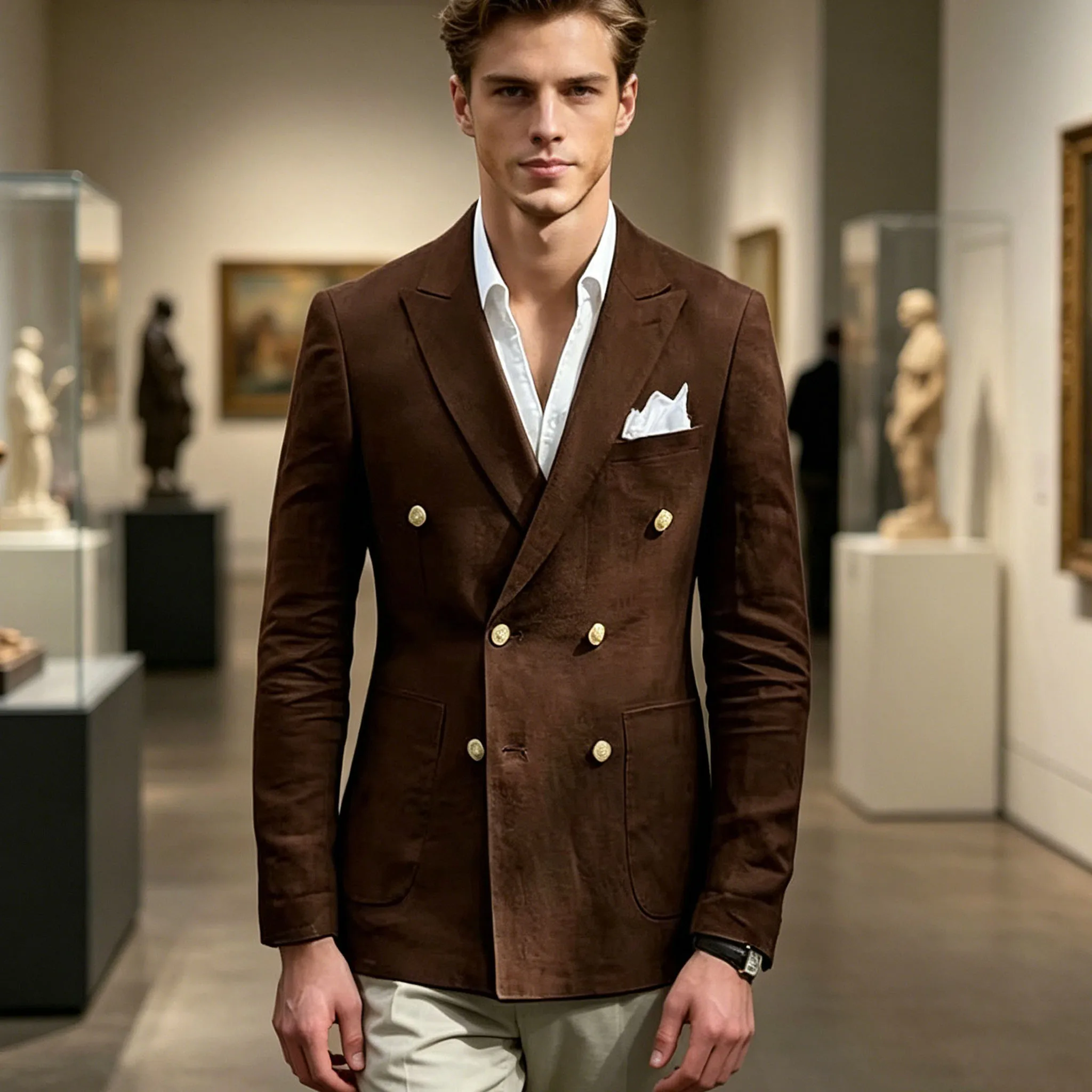 luxury-men's-brown-linen-blend-blazer-double-breasted-slim-fit-peak-lapel-with-gold-button-summer-sport-coat-for-business-casual
