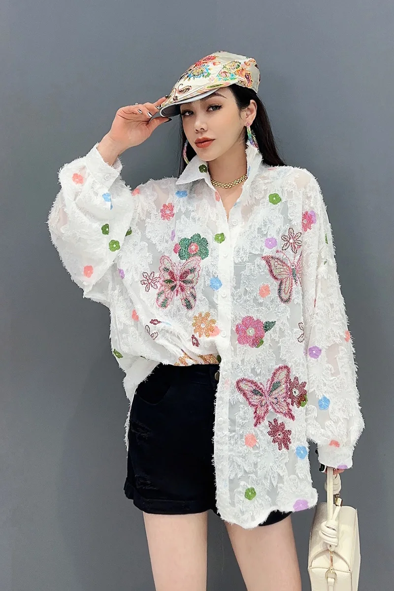Vefadisa 2024 Spring/Summer New White Women Shirt Flocking Printed Blouse Long Sleeved Turn-down Collar Women Clothing HLX176