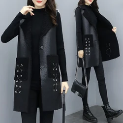 Autumn Winter Fur Leather Vest Coat Long Lambwool Sleeveless Jacket Thick Velvet Warm Waistcoat Large Size Women Fur Vest L-5XL