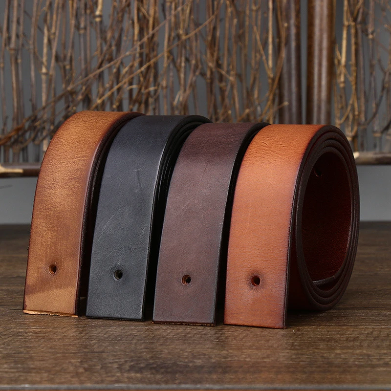 

3.8cm Wide Buckleless Belt Men's Genuine Leather for Prong Buckle 4mm Thick 7 Holes Retro Frosted Straps No Buckle