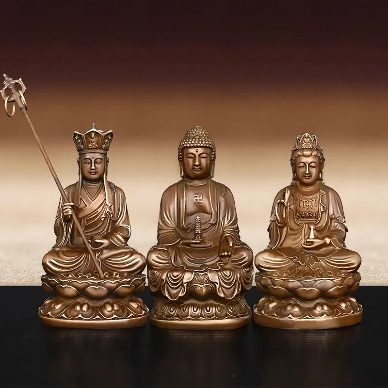 1set Copper Buddhist Statue Set Sakyamuni Buddha with Guan Yin Ksitigarbha Three Saints of Sahā Triad for Temple Altar