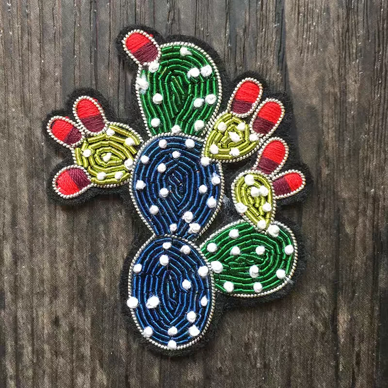 Brooch India Silk Metallic Wire Thread Hand Stitch Cactus Patch Cannetille Badge Applique Coat Bag Hat Decor Jewelry Gift Motif