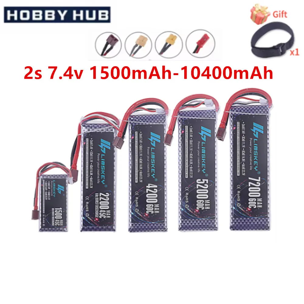 7.4V 2S Lipo Battery 1500mah 2200mah 3000mah 3300mah 5200mah 6000mah 10400mah With Dean T XT60 For RC RC Drone Helicopter Car