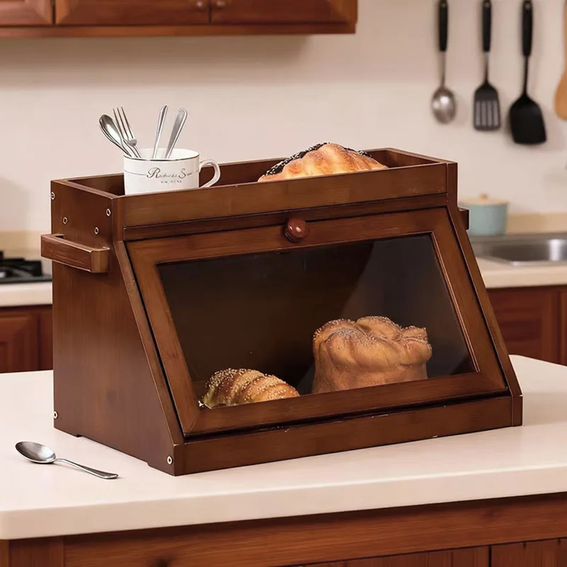 HYS bread box kitchen countertop locker household large capacity double-layer clamshell food storage box
