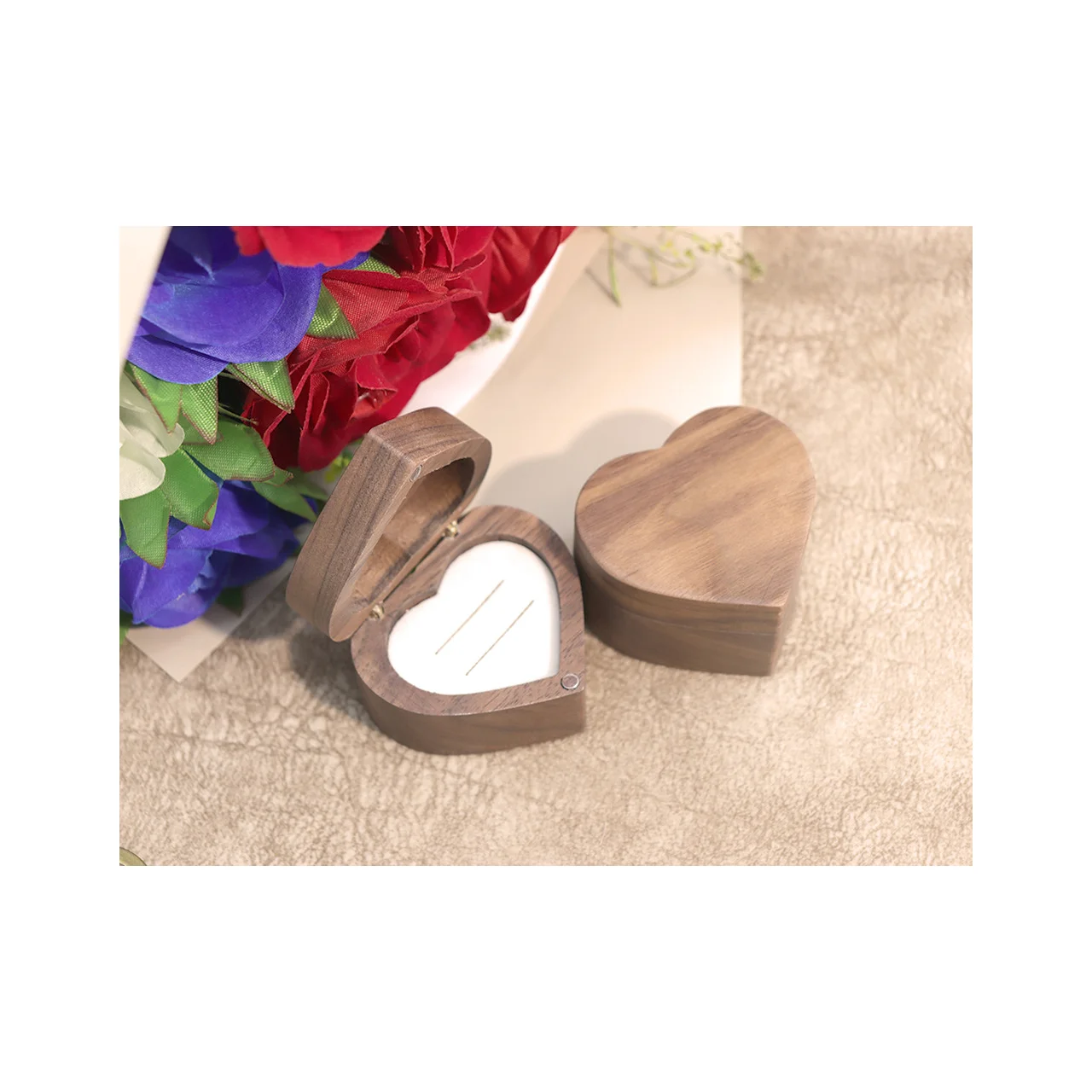 Wooden Heart Shape Ring Gift Box with 2 Slots For Laser Engraving Vintage Wood Jewelry Box for Proposal Engagement Wedding