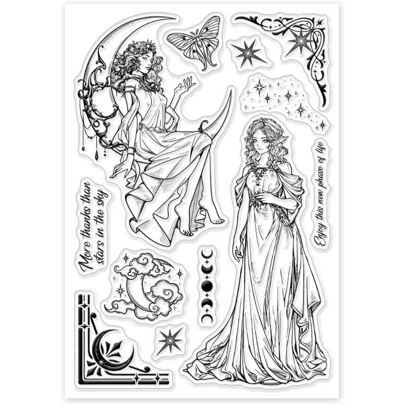 1pc Magic Moon Goddess Clear Stamp Vintage Clear Rubber Stamps Star Border Silicone Stamps for DIY Scrapbooking 6.3x4.33inch