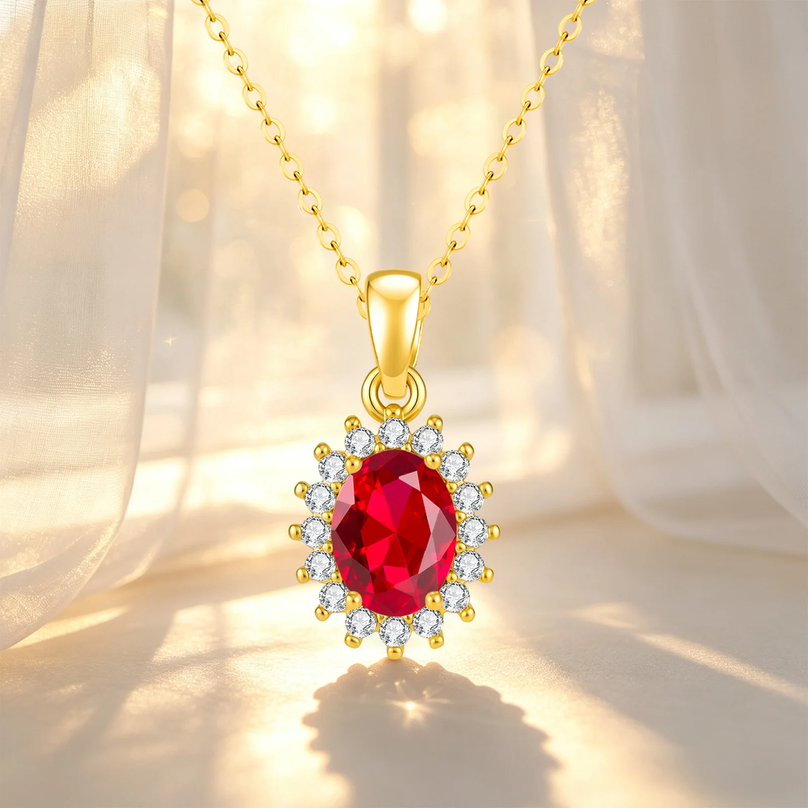 LAMVOICE 18K vergoldete ovale Halskette mit synthetischem Rubin in Sonnenblumenform, hypoallergen, anlaufgeschützt, verstellbare Kette, Geschenk für Frauen, Schmuck.