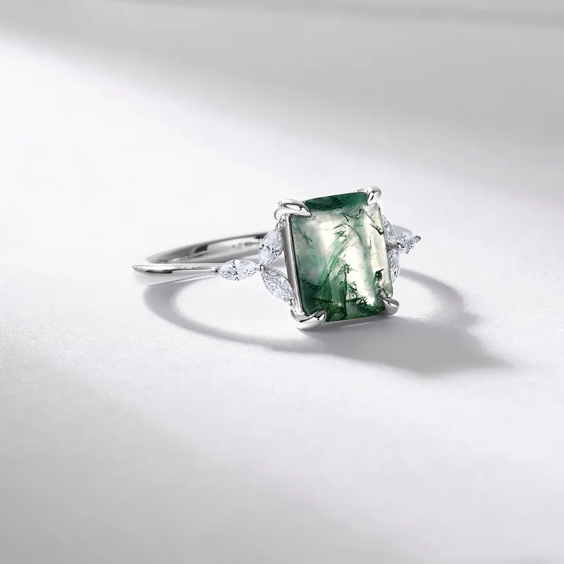 

925 Sterling Silver Branch Rectangle Unique Natural Moss Agate Promise Rings for Woman Annivesary Wedding Gift Jewelry