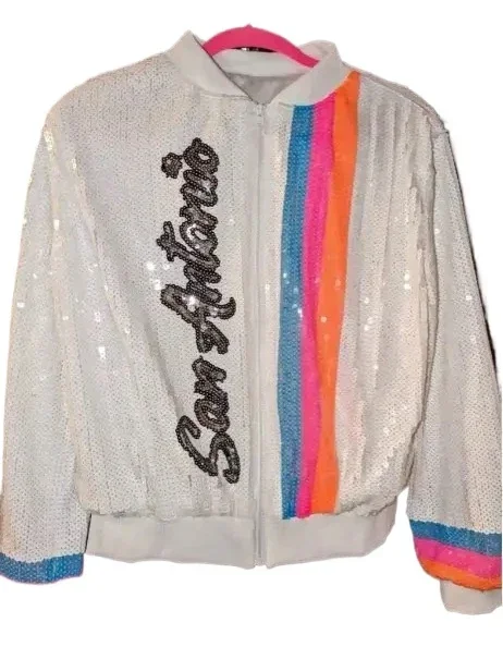 Autumn High Quality Streetwear Bling Sequined Long Sleeve Digit Round Neck Loose Jacket Women Hip Hop Straight Coats