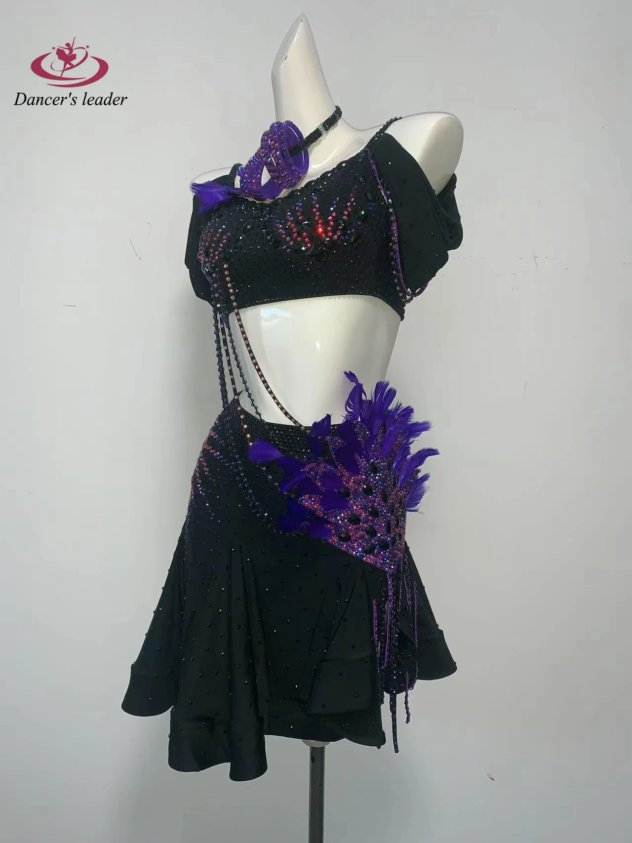 ラテンダンス衣装ダイヤモンド女性大人子供ハイエンドカスタマイズされた紫色の羽サンバパフォーマンスドレス