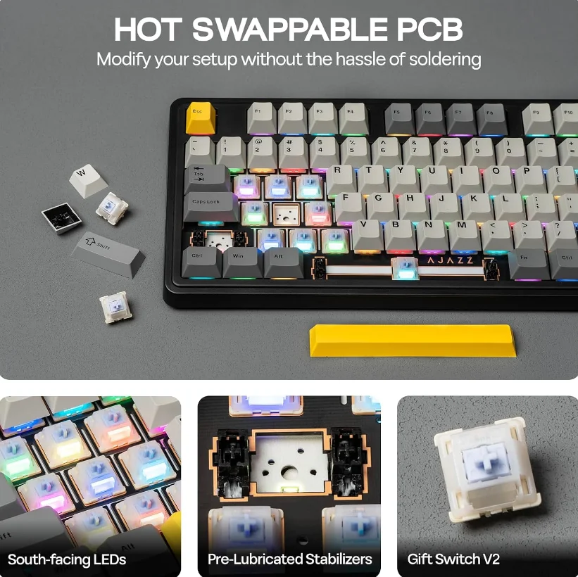 Teclado Mecánico Inalámbrico Personalizable AJAZZ AK980 V2 de Tres Modos con Intercambio en Caliente, para Esports y Gaming, con Letras Laterales, Cableado e Inalámbrico