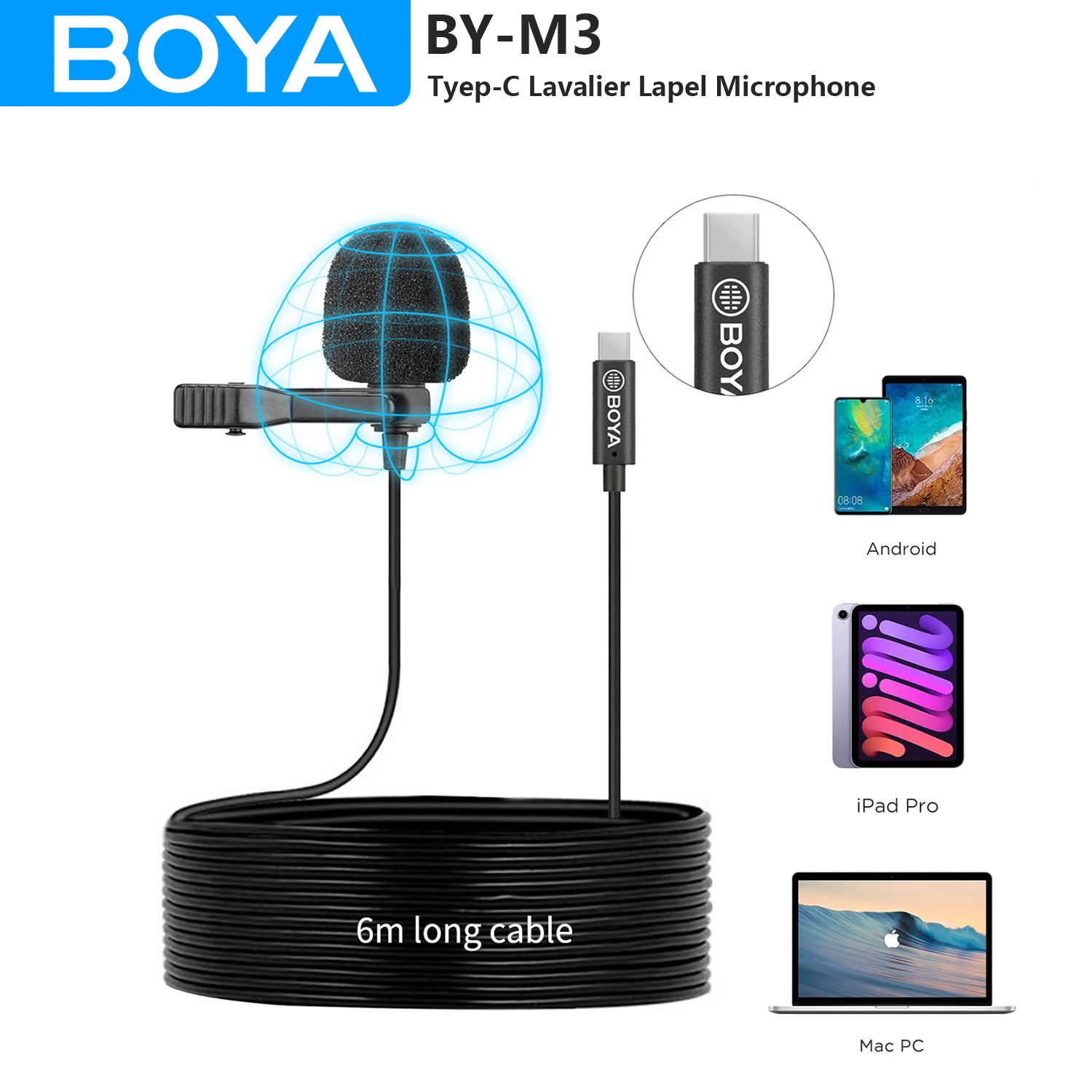 

BOYA BY-M3 6m Tyep-C Lavalier Lapel Microphone for Android PC Computer Smartphone OPPO VIVO Xiaomi Streaming Youtube Recording